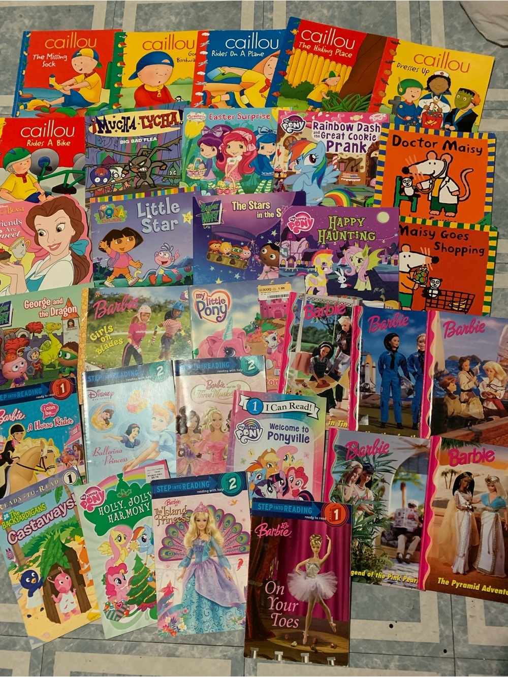 Vintage Children’s 31 Book Lot Barbie, Dora, Maisy Mouse, Caillou, Disney ETC